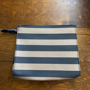 NEW Large Navy & Gold Striped Zippered Canvas Makeup Beauty Travel Bag 10” x 9”